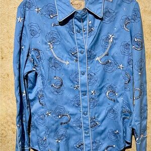 Scully Western Shirt Small Sky Blue Embroidered Roses Silver Stars & Horseshoes!